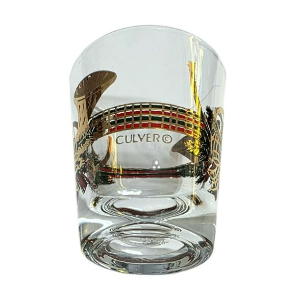 VTG Culver Christmas Shot Glass Yule French Horn 22K Gold MCM Plaid Bow Holiday - Picture 2 of 9